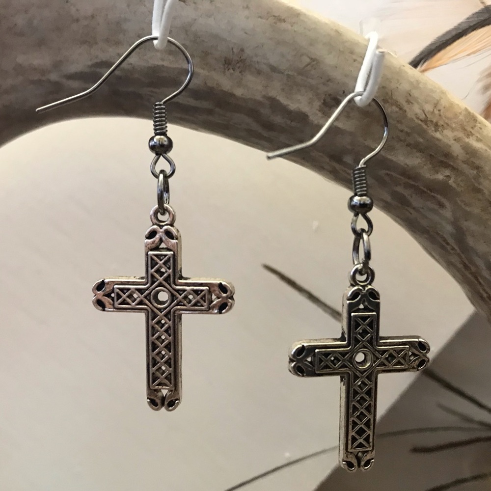 Antique silver tone cross earrings